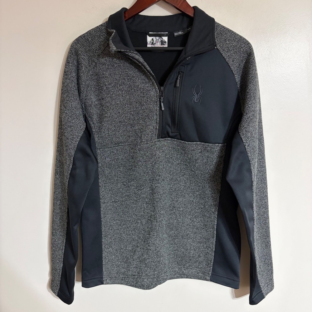 Spyder Mens Medium Gray Black Quarter Zip Fleece Pullover Sweater Jacket